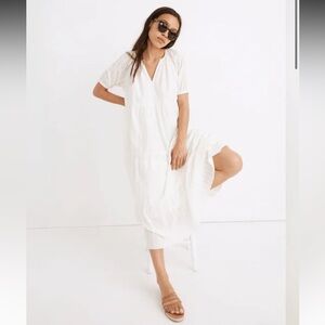 Madewell Bubble-Sleeve Tiered Midi Dress in Textural Stripe